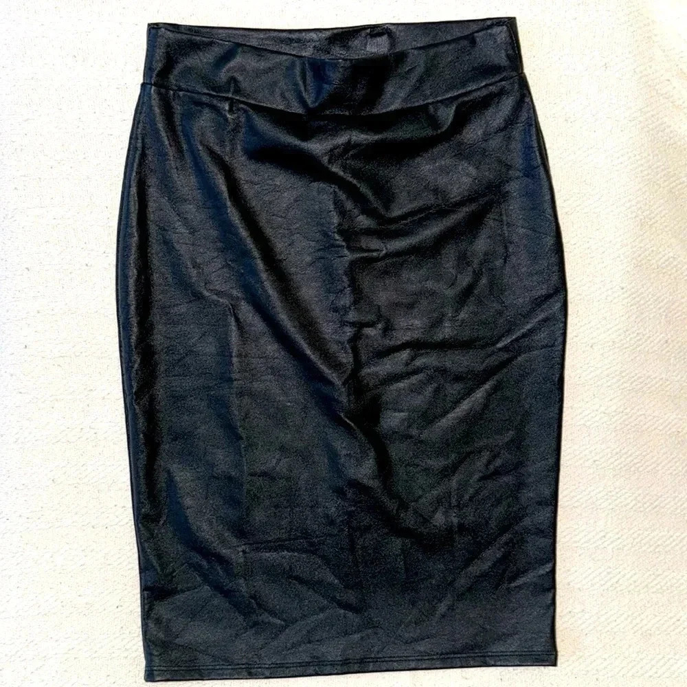 Doublju Women Slim Fit Faux Leather Pencil Midi Skirt